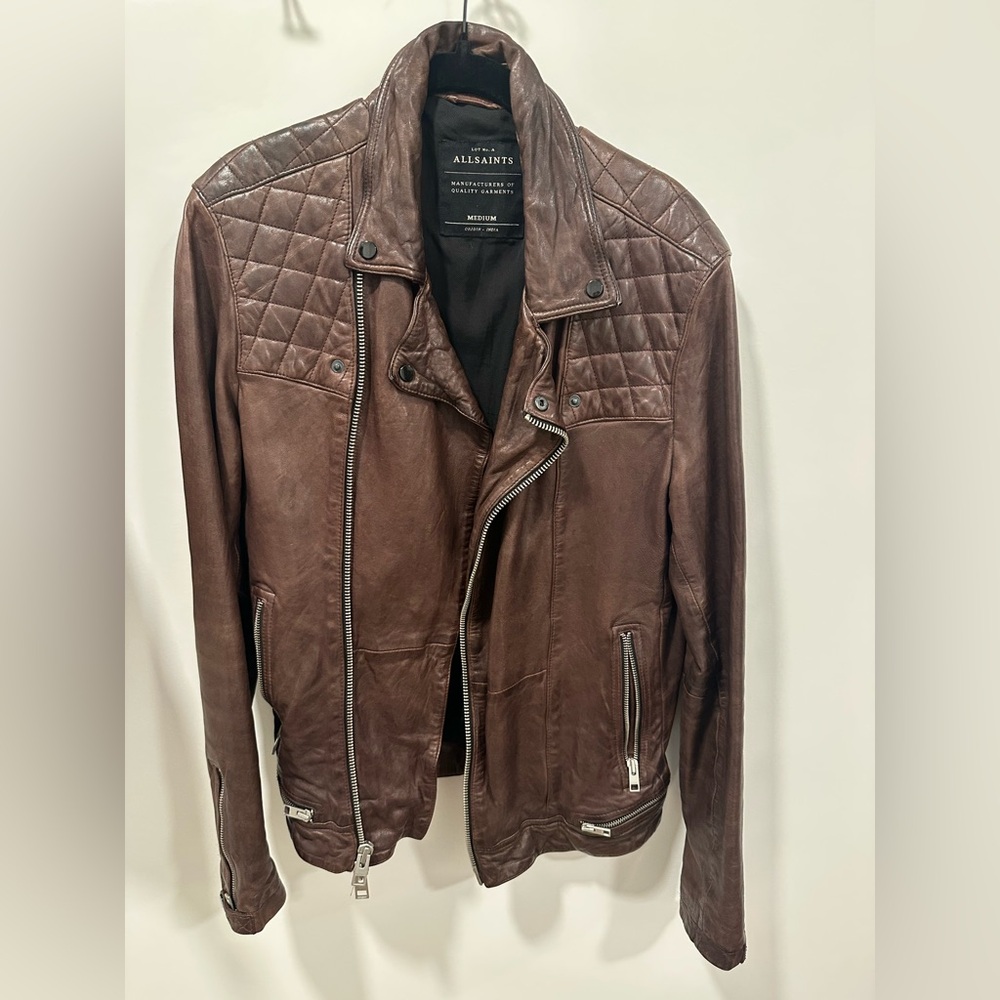 All Saints Quilted Brown Leather Jacket